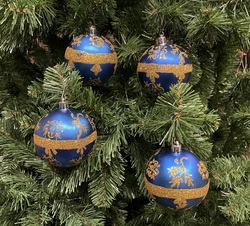 Новогодние шары на елку Гобелен 8 см 4 шт Е40332 синий/золото