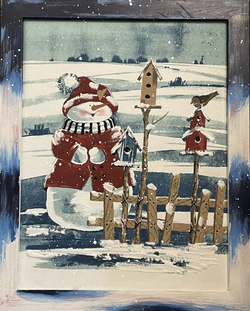 Новогодняя картина для интерьера на холсте в деревянной раме 40х50 см "Снеговик со скворечником" Е6180-4